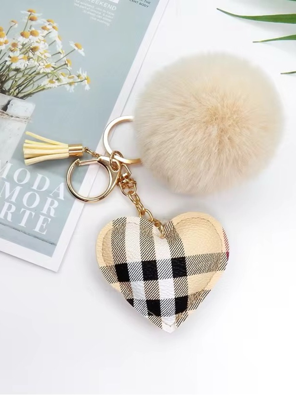 Plaid Heart Pom-Pom Keychain - Beige